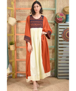 Orange & Off White Linen Dress with Hand Embroideries handmade in Egypt & available in Jozee Boutique
