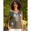 Army Green Siwa Embroidered Linen Top Handmade in Egypt & available at Jozee Boutique