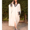 White Linen Kaftan with Silk & Cotton Loom Woven Patches handmade in Egypt & available at Jozee Boutique.