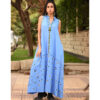 Denim Blue Siwa Embroidered Linen Japanese Dress handmade in Egypt & available at Jozee Boutique.