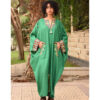 Green Siwa Embroidered Linen Kaftan with Silk & Cotton Loom Woven Patches handmade in Egypt & available at Jozee Boutique.