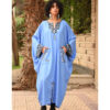 Denim Blue Siwa Embroidered Linen Kaftan with Silk & Cotton Loom Woven Patches handmade in Egypt & available at Jozee Boutique.