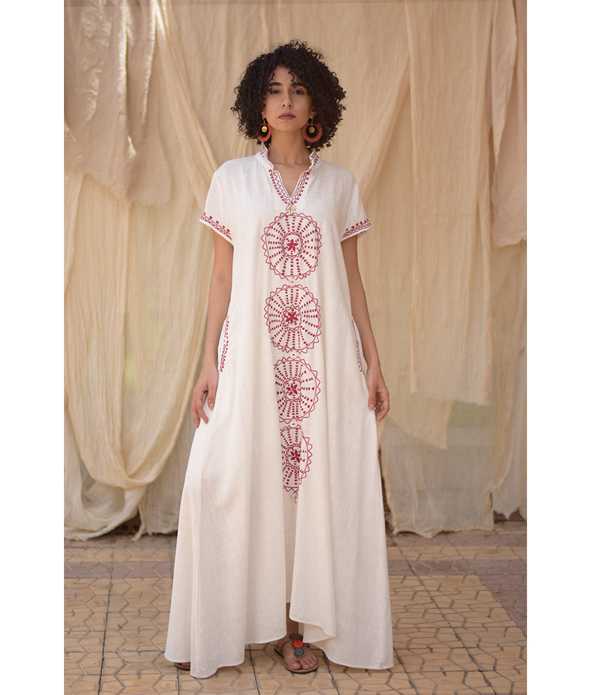 White Siwa Embroidered Linen Japanese Dress handmade in Egypt & available at Jozee Boutique.