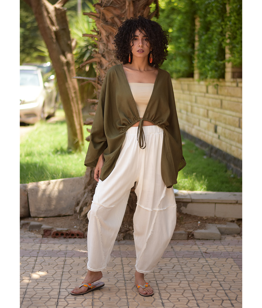 Olive green Linen Bolero made in Egypt & available at Jozee Boutique.