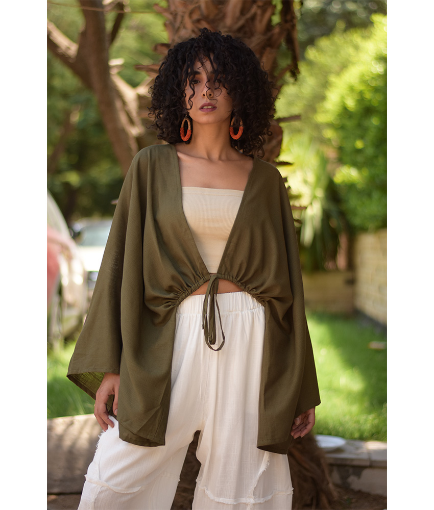 Olive green Linen Bolero made in Egypt & available at Jozee Boutique.