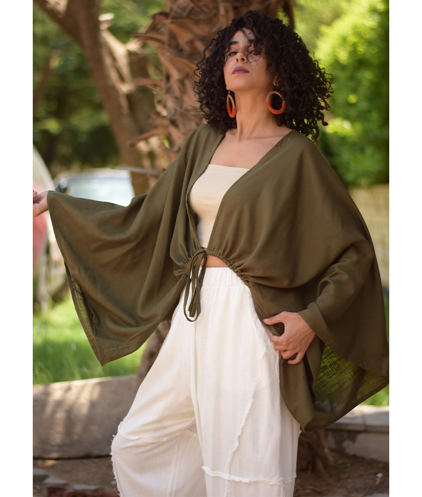 Olive green Linen Bolero made in Egypt & available at Jozee Boutique.