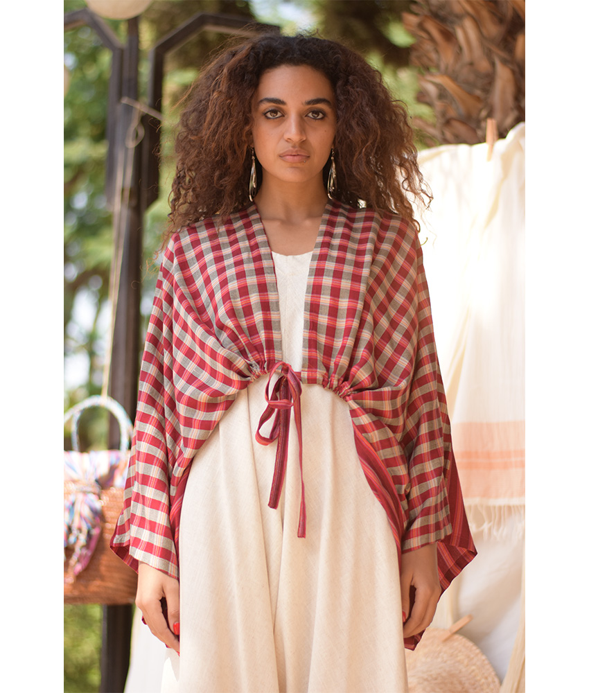 Red & Beige Viscose Bolero handmade in Egypt & available at Jozee Boutique.