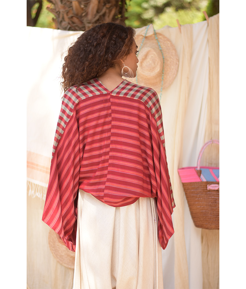Red & Beige Viscose Bolero handmade in Egypt & available at Jozee Boutique.