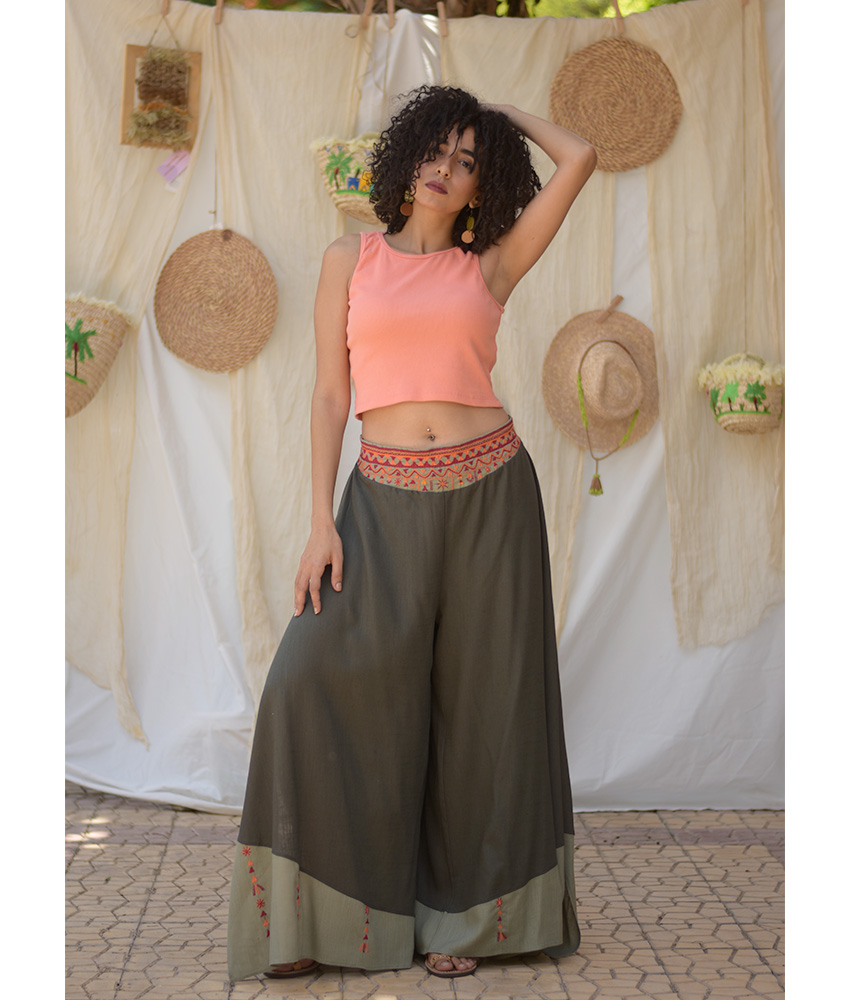 Dark Olive Green Siwa Embroidered Flowy Pants handmade in Egypt & available at Jozee Boutique.