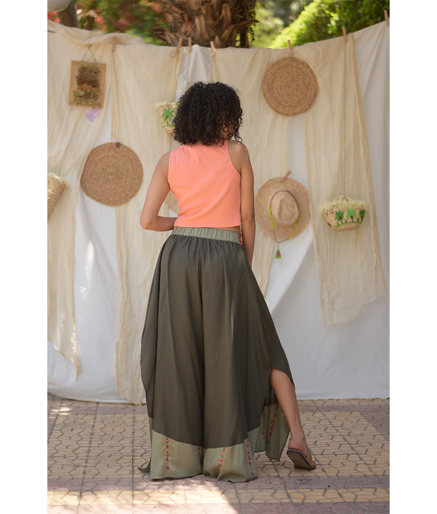 Dark Olive Green Siwa Embroidered Flowy Pants handmade in Egypt & available at Jozee Boutique.