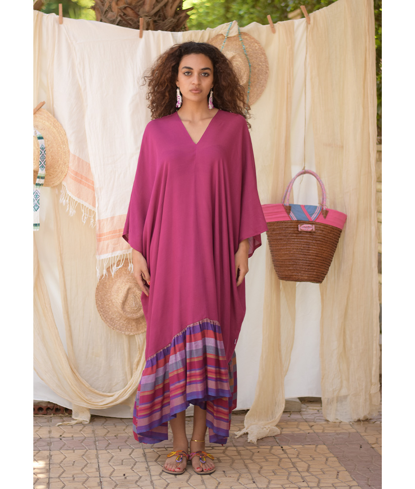 Fuchsia & Multicolored Handwoven Ruffle Kaftan handmade in Egypt & available at Jozee boutique