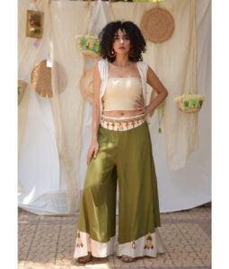 Apple Green Siwa Embroidered Flowy Pants handmade in Egypt & available at Jozee Boutique.
