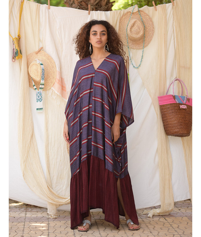 Multicolored Handwoven Ruffle Kaftan handmade in Egypt & available at Jozee boutique