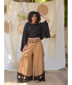 Camel Siwa Embroidered Flowy Pants handmade in Egypt & available at Jozee Boutique.