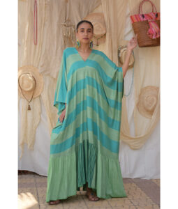 Green & Turquoise Handwoven Ruffle Kaftan handmade in Egypt & available at Jozee boutique