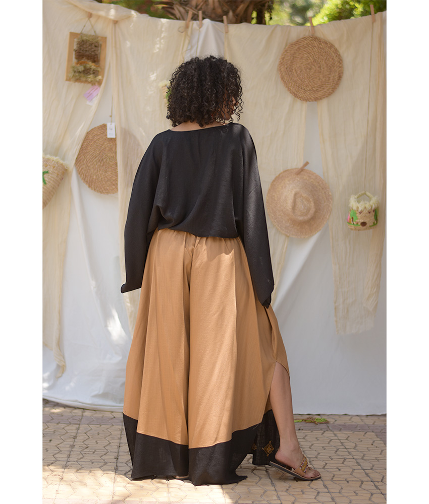 Camel Siwa Embroidered Flowy Pants handmade in Egypt & available at Jozee Boutique.