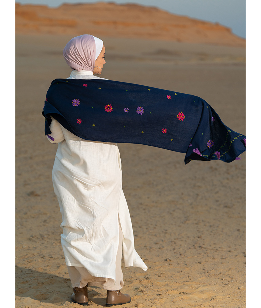 Navy Blue Nile & Olive Embroidered Linen Shawl handmade in Egypt & available in Jozee boutique