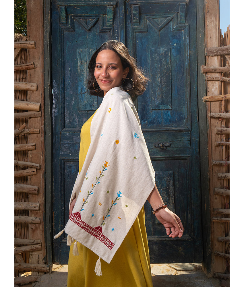 Beige Orouq Line Embroidered Shawl handmade in Egypt & available in Jozee boutique