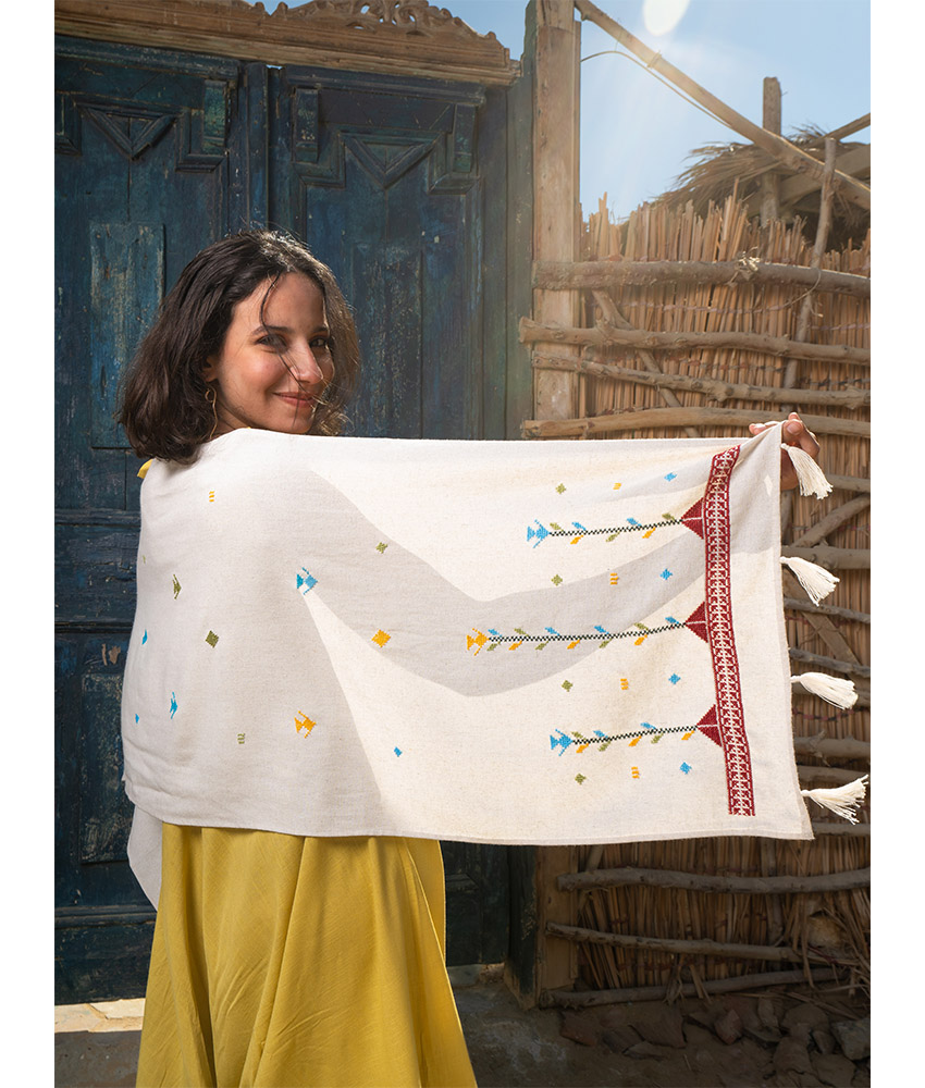 Beige Orouq Line Embroidered Shawl handmade in Egypt & available in Jozee boutique