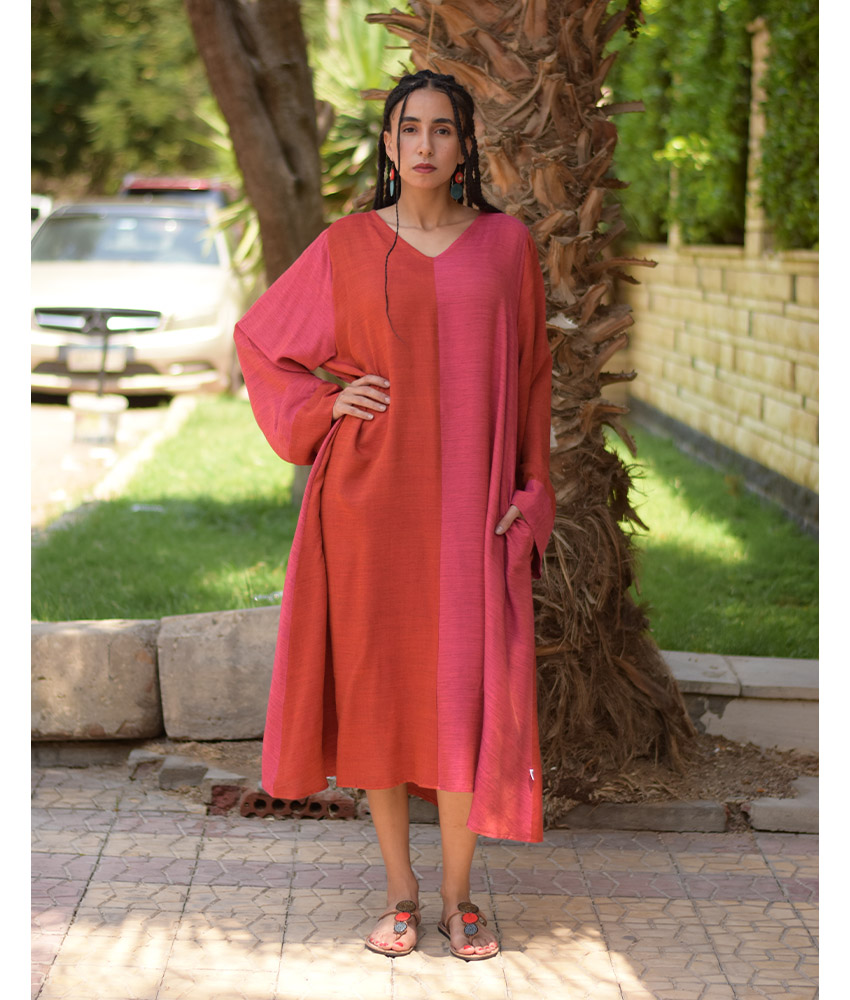 Red & Pink Loose Viscose Dress handmade in Egypt & available in Jozee boutique