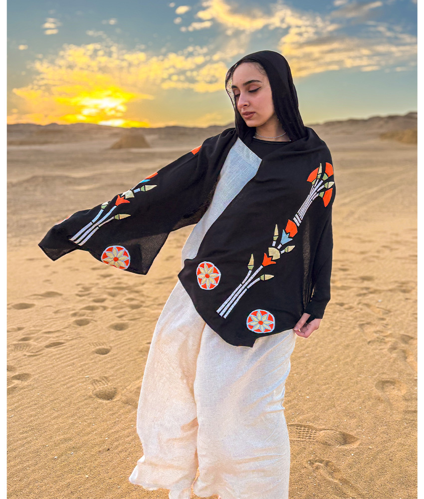 Black Papyrus & Lotus Linen Shawl handmade in Egypt & available in Jozee boutique
