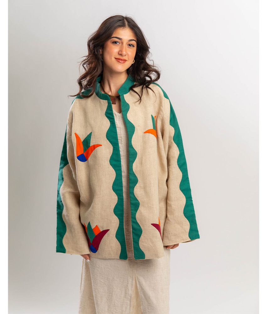 Beige Sesen Linen Kimono with Khaymiya Patches handmade in Egypt & available in Jozee boutique