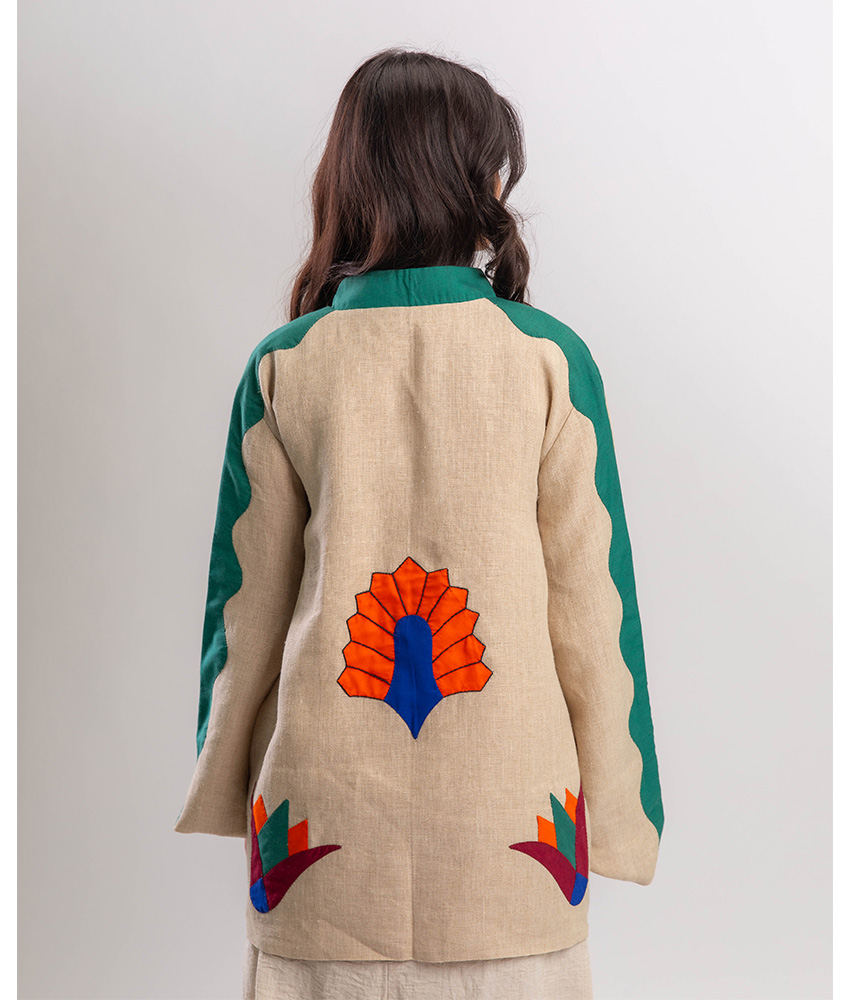 Beige Sesen Linen Kimono with Khaymiya Patches handmade in Egypt & available in Jozee boutique