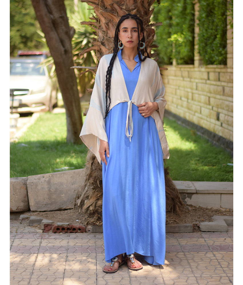 Blue & Beige Viscose Bolero handmade in Egypt & available at Jozee Boutique.