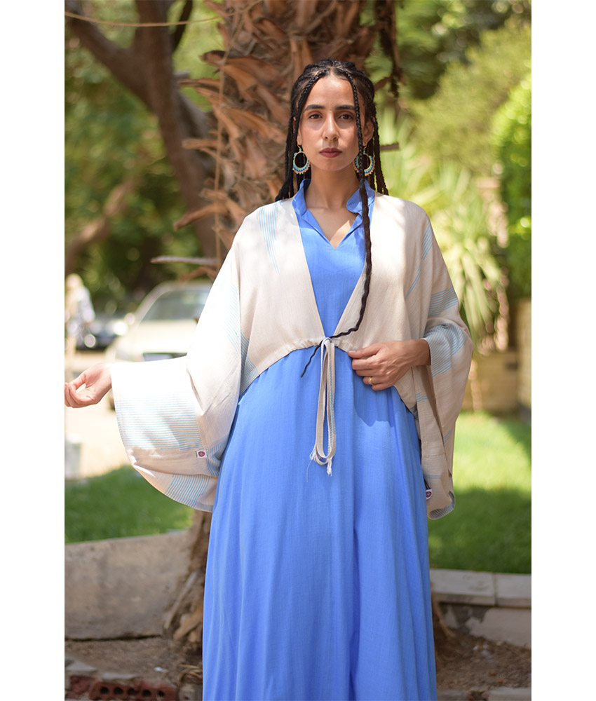 Blue & Beige Viscose Bolero handmade in Egypt & available at Jozee Boutique.