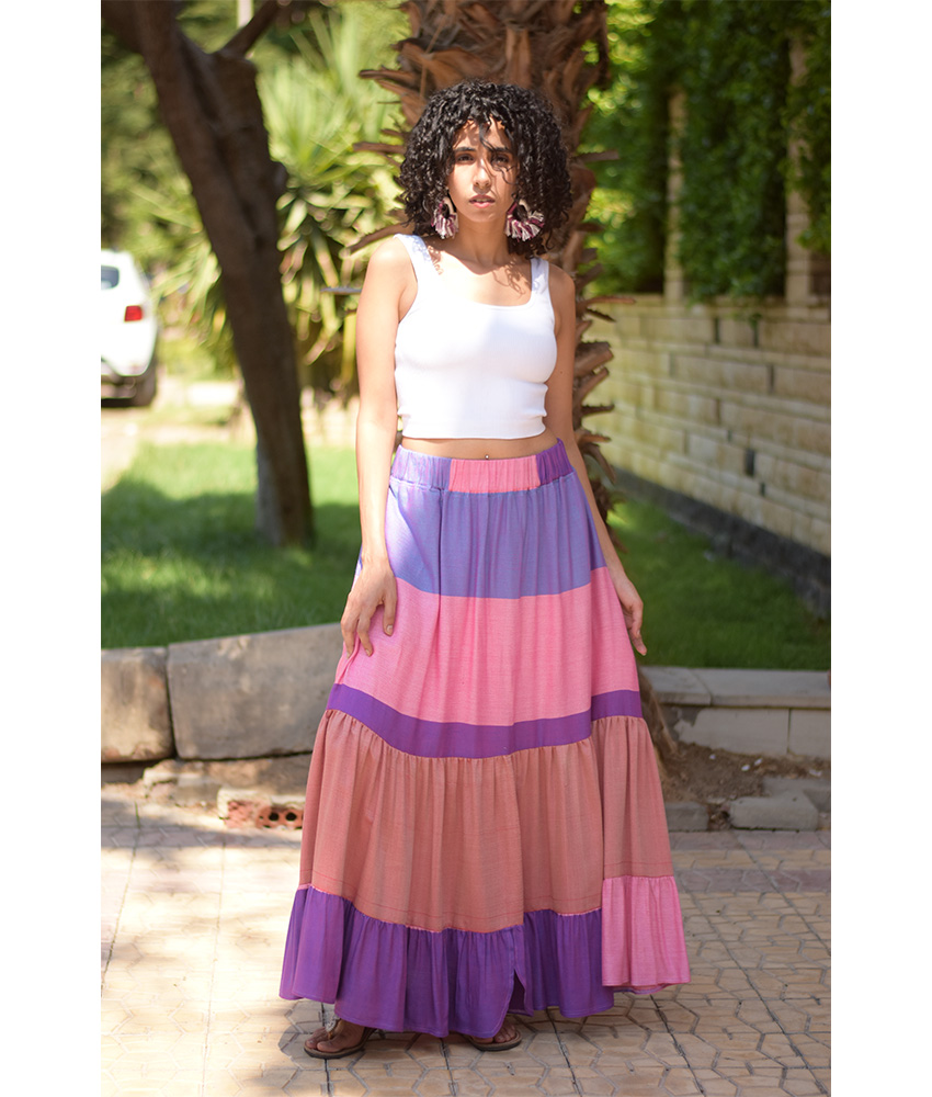 Multicolored Handwoven Ruffle Skirt handmade in Egypt & available at Jozee Boutique.