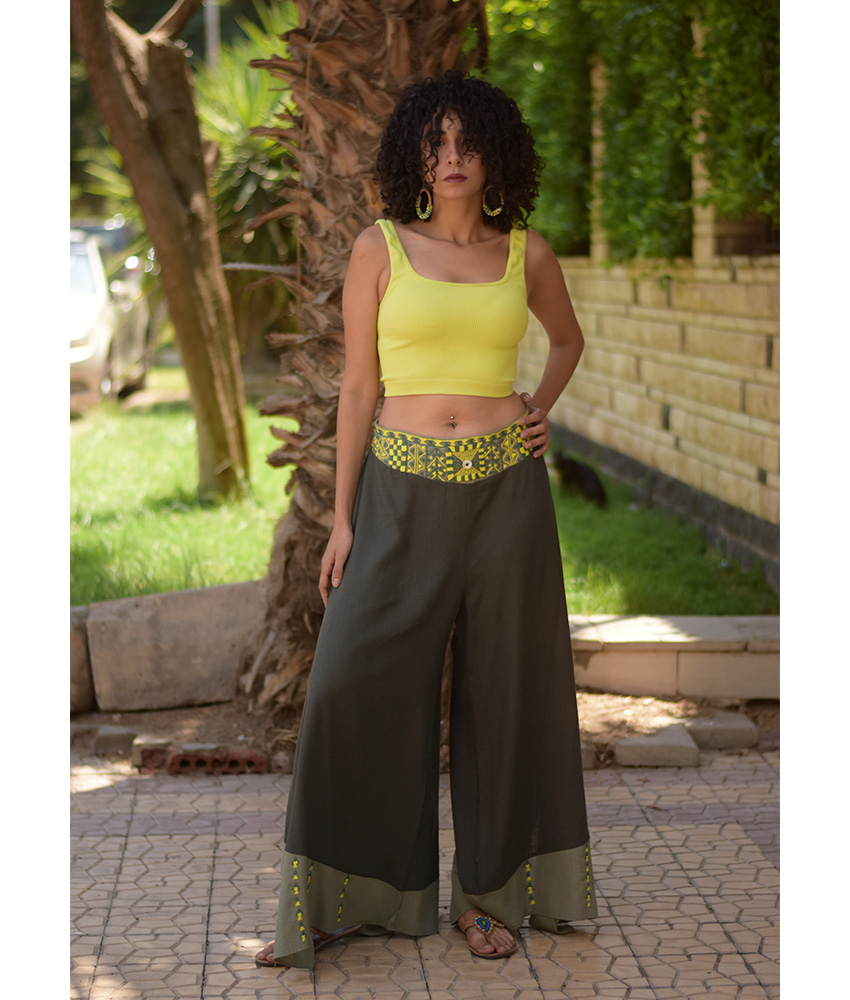 Dark Olive Green Siwa Embroidered Flowy Pants handmade in Egypt & available at Jozee Boutique.