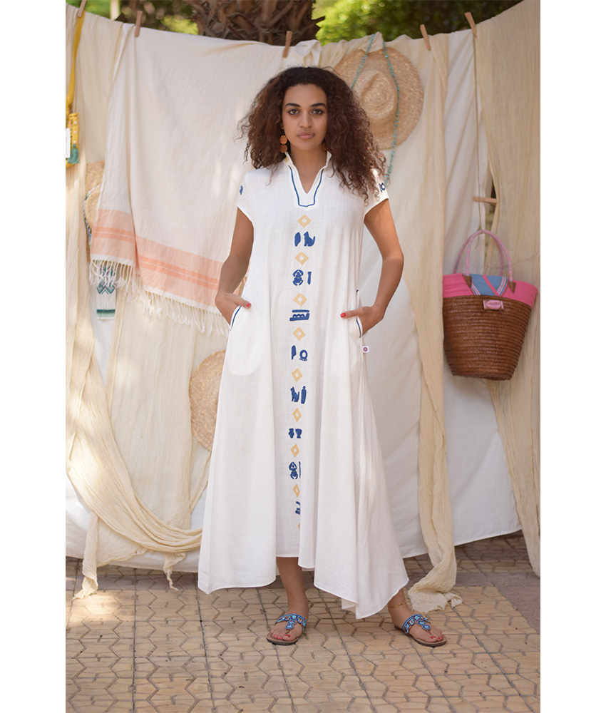 White Linen Dress with Hand Embroideries handmade in Egypt & available at Jozee Boutique.