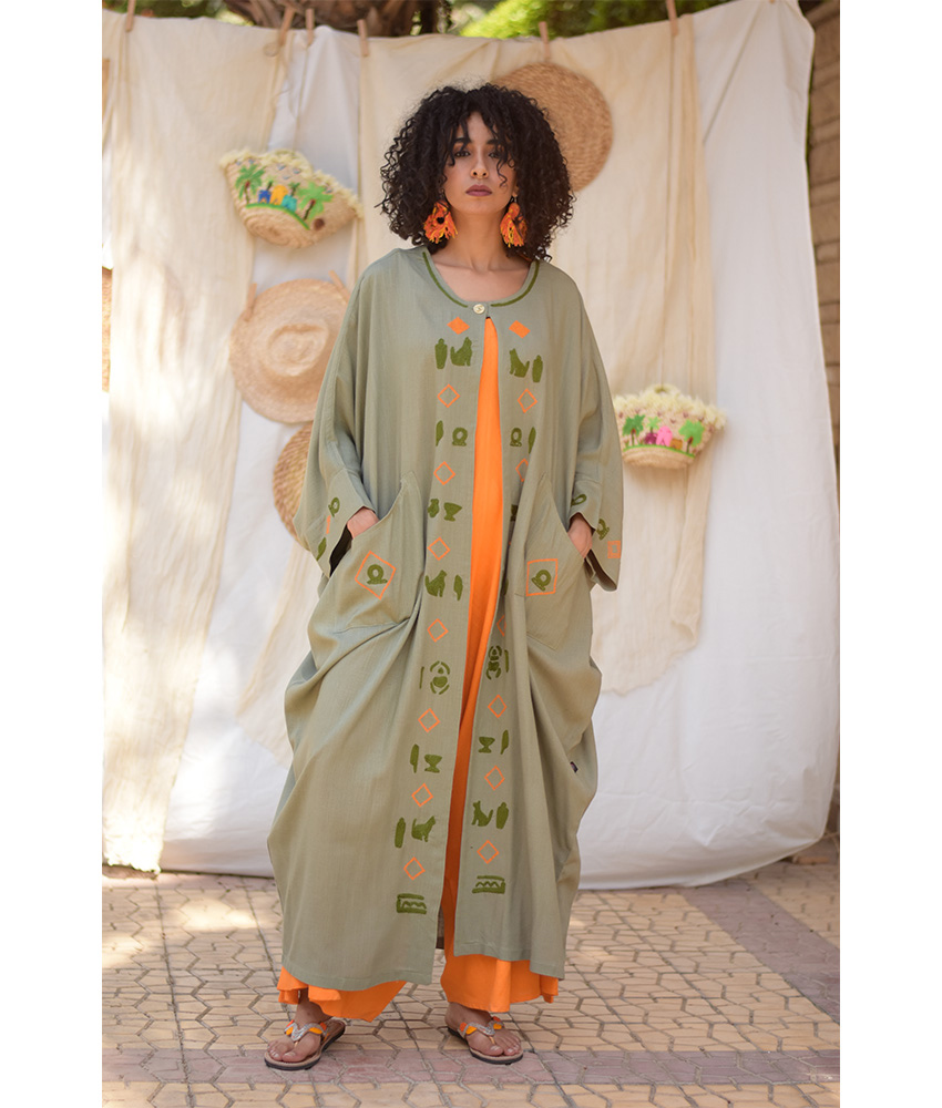 Olive Green Linen Cardigan with Hand Embroideries handmade in Egypt & available at Jozee Boutique.