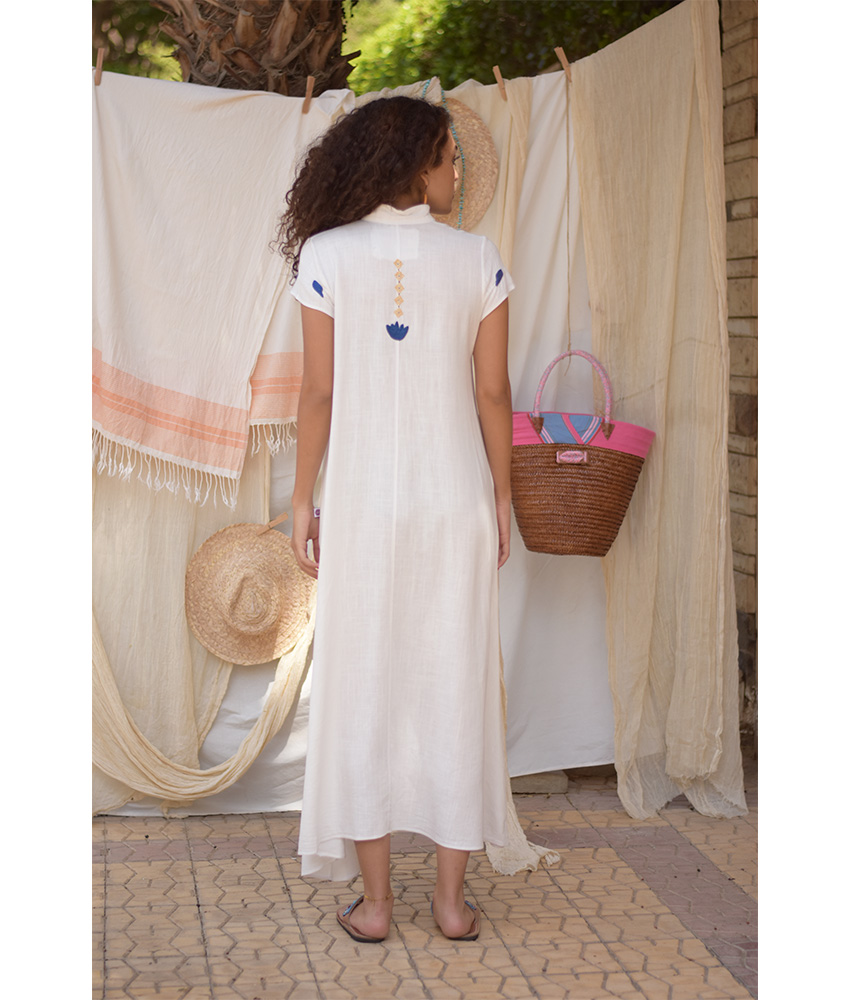 White Linen Dress with Hand Embroideries handmade in Egypt & available at Jozee Boutique.