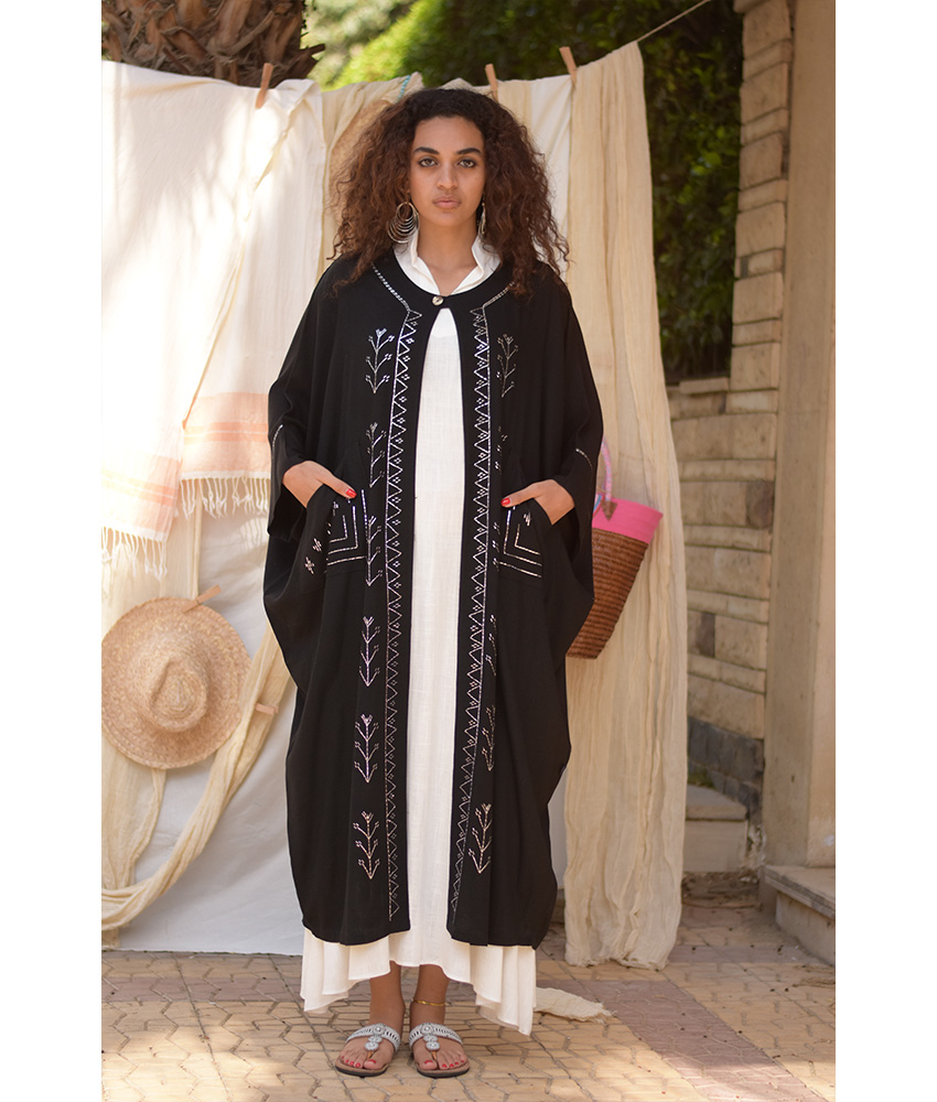 Black Linen Cardigan with Tally Embroideries handmade in Egypt & available at Jozee Boutique.