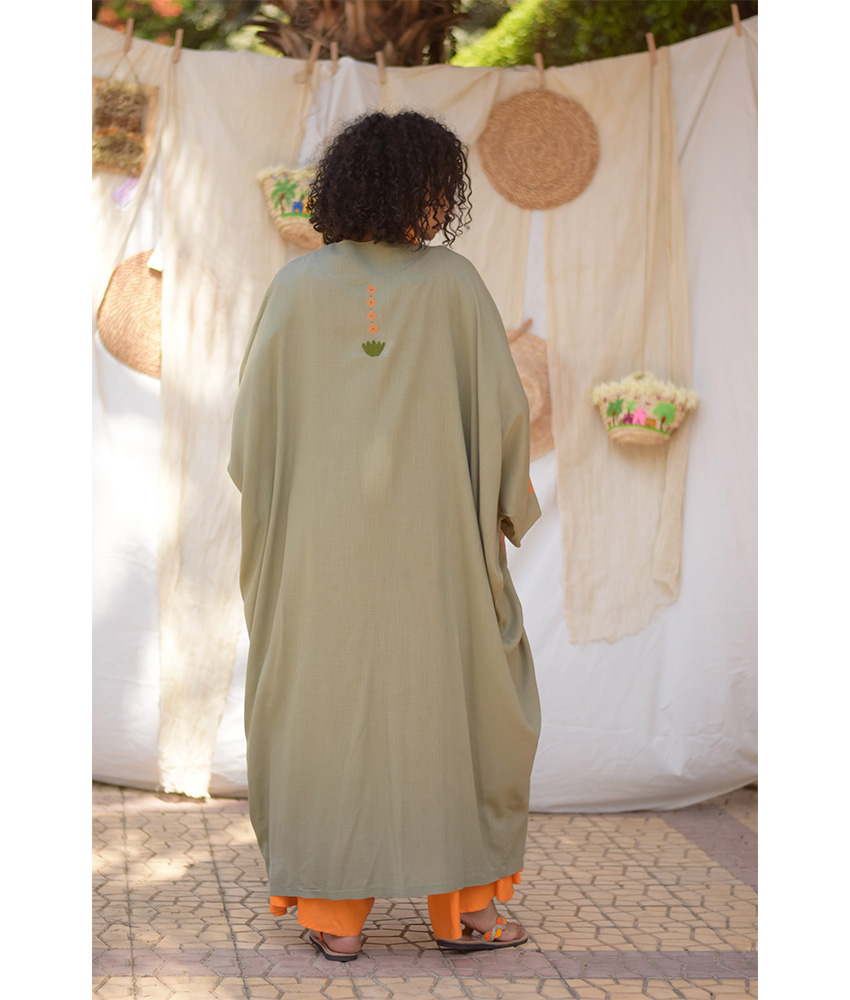 Olive Green Linen Cardigan with Hand Embroideries handmade in Egypt & available at Jozee Boutique.