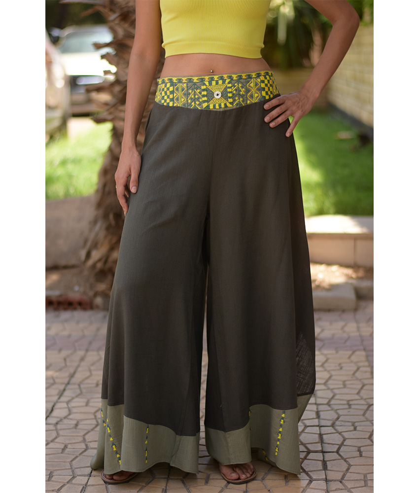 Dark Olive Green Siwa Embroidered Flowy Pants handmade in Egypt & available at Jozee Boutique.