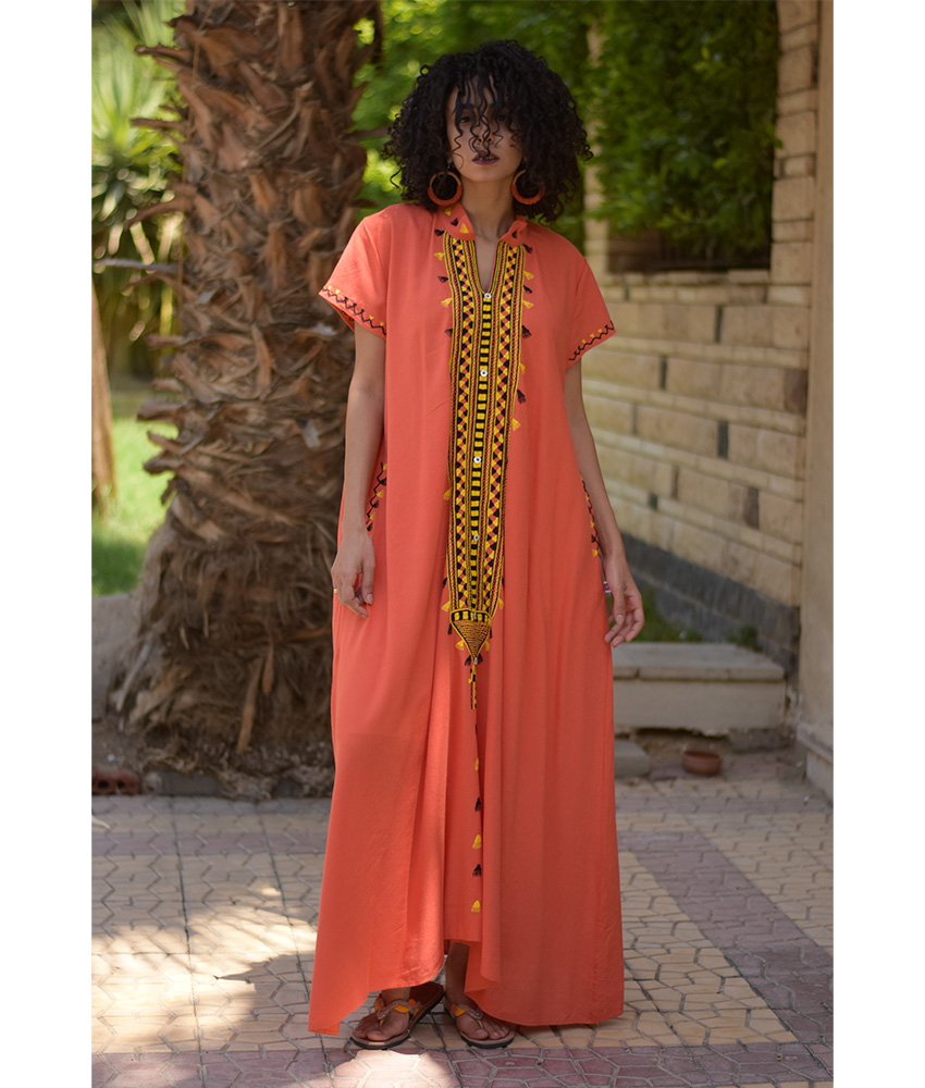 Orange Siwa Embroidered Linen Japanese Dress handmade in Egypt & available at Jozee Boutique.