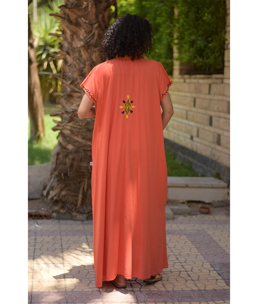 Orange Siwa Embroidered Linen Japanese Dress handmade in Egypt & available at Jozee Boutique.