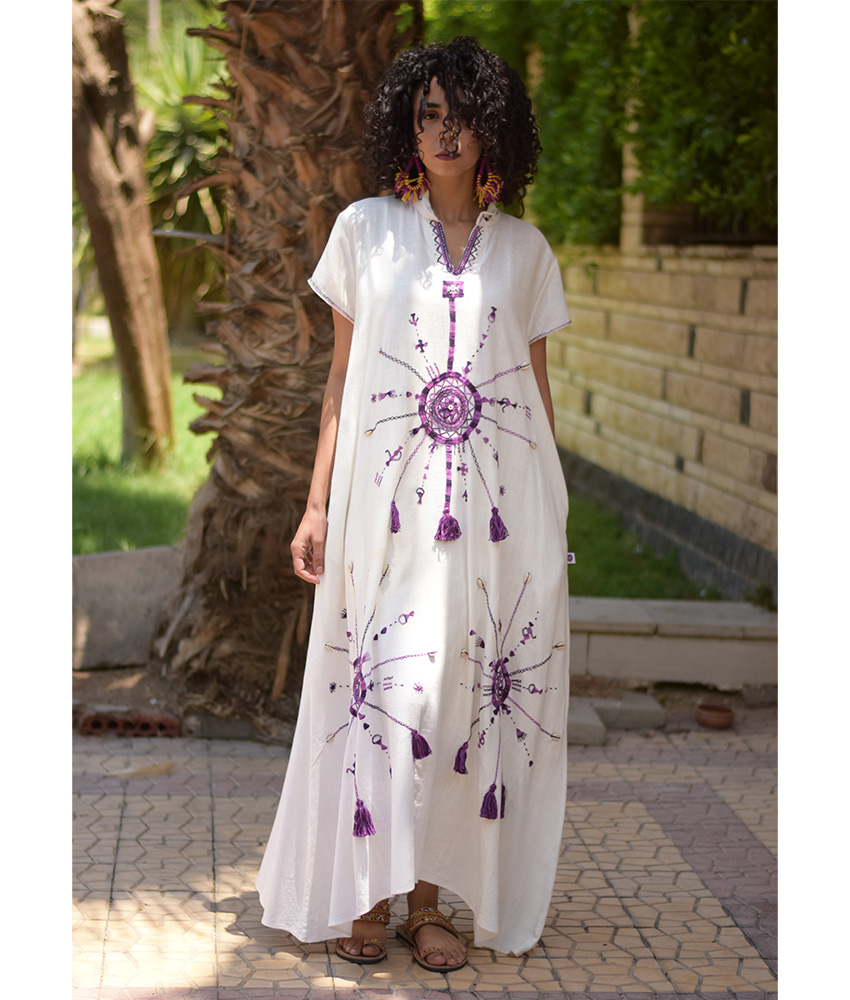 White Siwa Embroidered Linen Japanese Dress handmade in Egypt & available at Jozee Boutique.