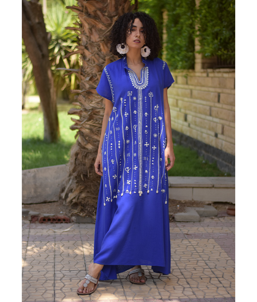 Electric Blue Siwa Embroidered Linen Japanese Dress handmade in Egypt & available at Jozee Boutique.