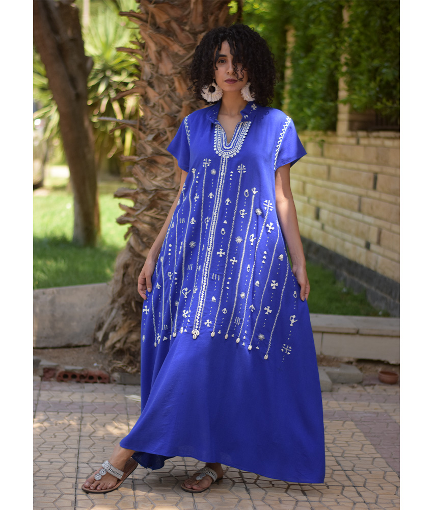 Electric Blue Siwa Embroidered Linen Japanese Dress handmade in Egypt & available at Jozee Boutique.