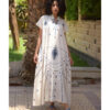 Off White Siwa Embroidered Linen Japanese Dress handmade in Egypt & available at Jozee Boutique.