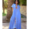 Denim Blue Siwa Embroidered Linen Japanese Dress handmade in Egypt & available at Jozee Boutique.