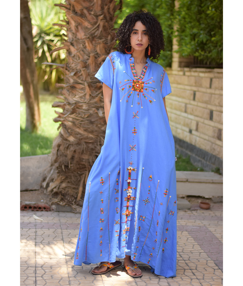 Denim Blue Siwa Embroidered Linen Japanese Dress handmade in Egypt & available at Jozee Boutique.