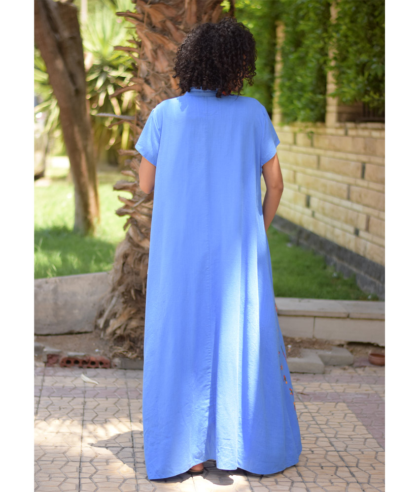 Denim Blue Siwa Embroidered Linen Japanese Dress handmade in Egypt & available at Jozee Boutique.