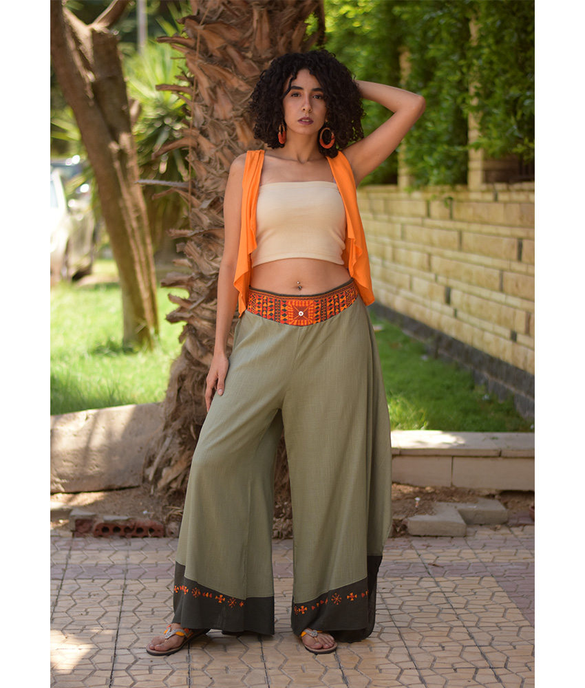 Light Olive Green Siwa Embroidered Flowy Pants handmade in Egypt & available at Jozee Boutique.