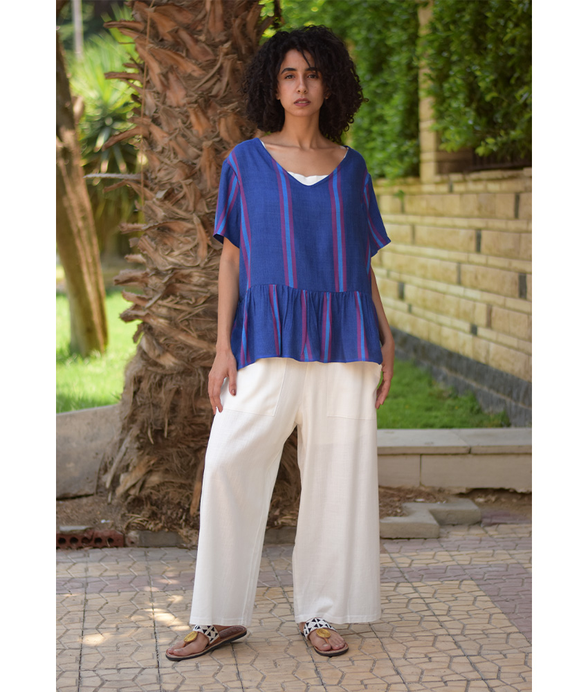 BlueHandwoven Ruffle Top handmade in Egypt & available in Jozee boutique