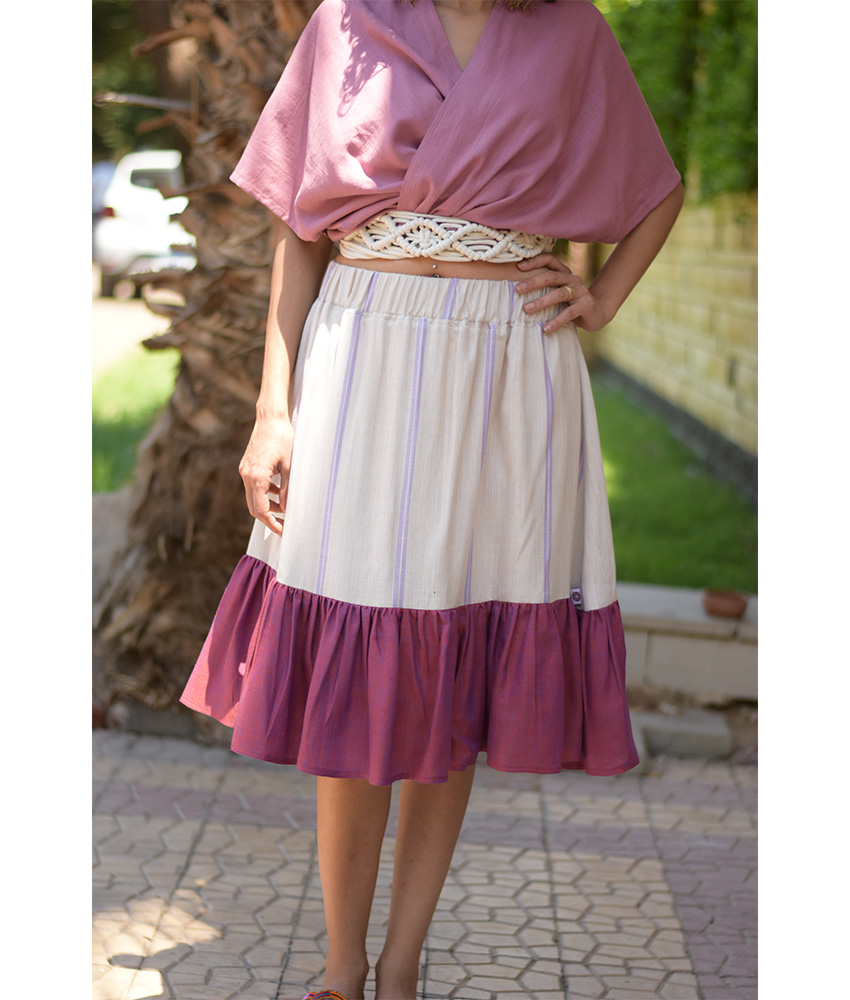 Beige & Purple Handwoven Short Ruffle Skirt handmade in Egypt & available at Jozee Boutique.
