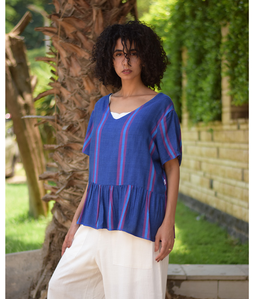 BlueHandwoven Ruffle Top handmade in Egypt & available in Jozee boutique